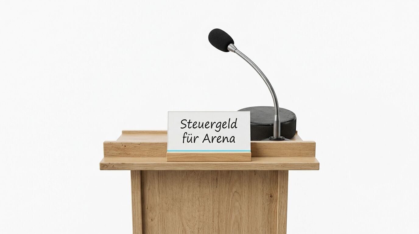 Ein Rednerpult aus Holz mit einem Mikrofon und dem Schild 