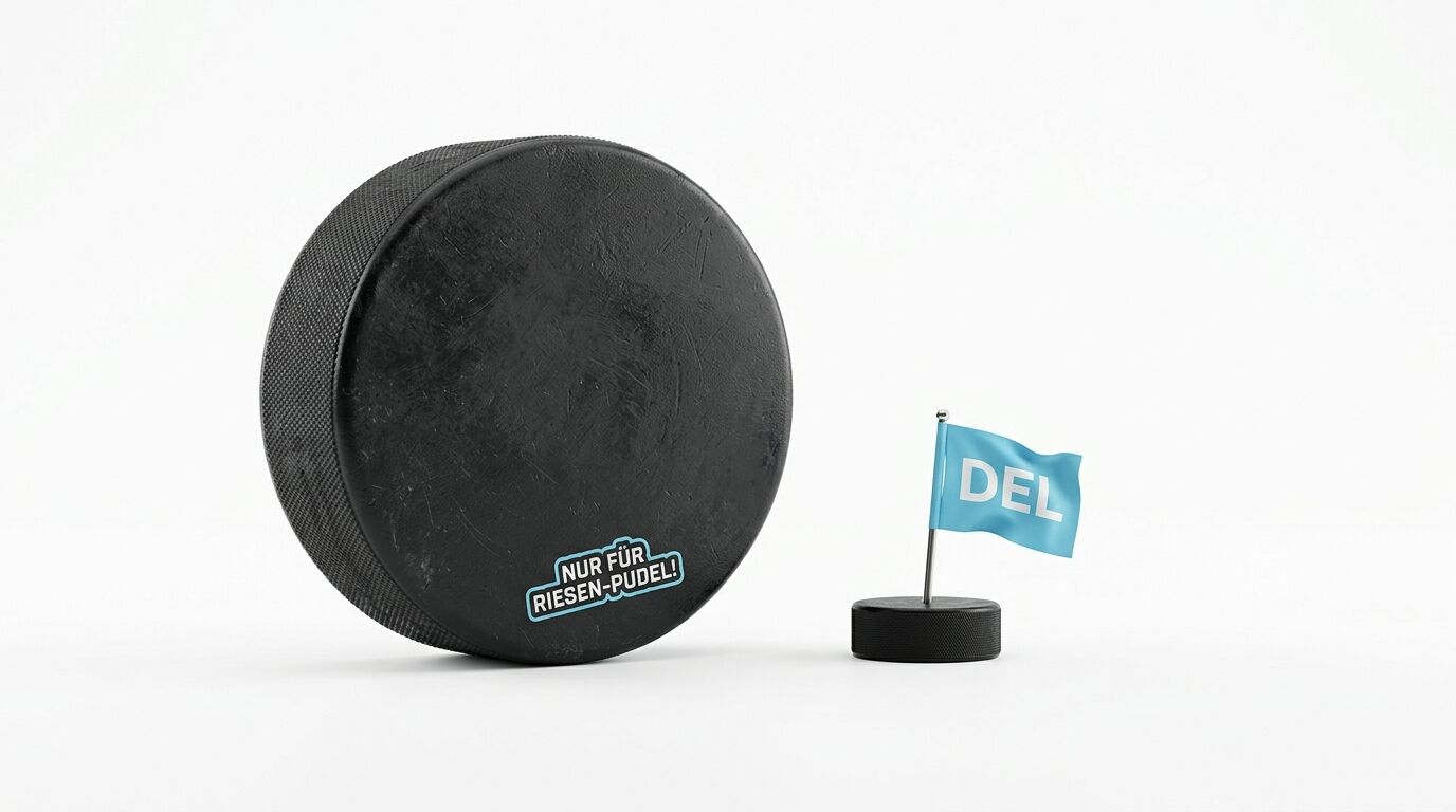 Riesiger Eishockeypuck neben einem kleinen Puck mit DEL-Fähnchen