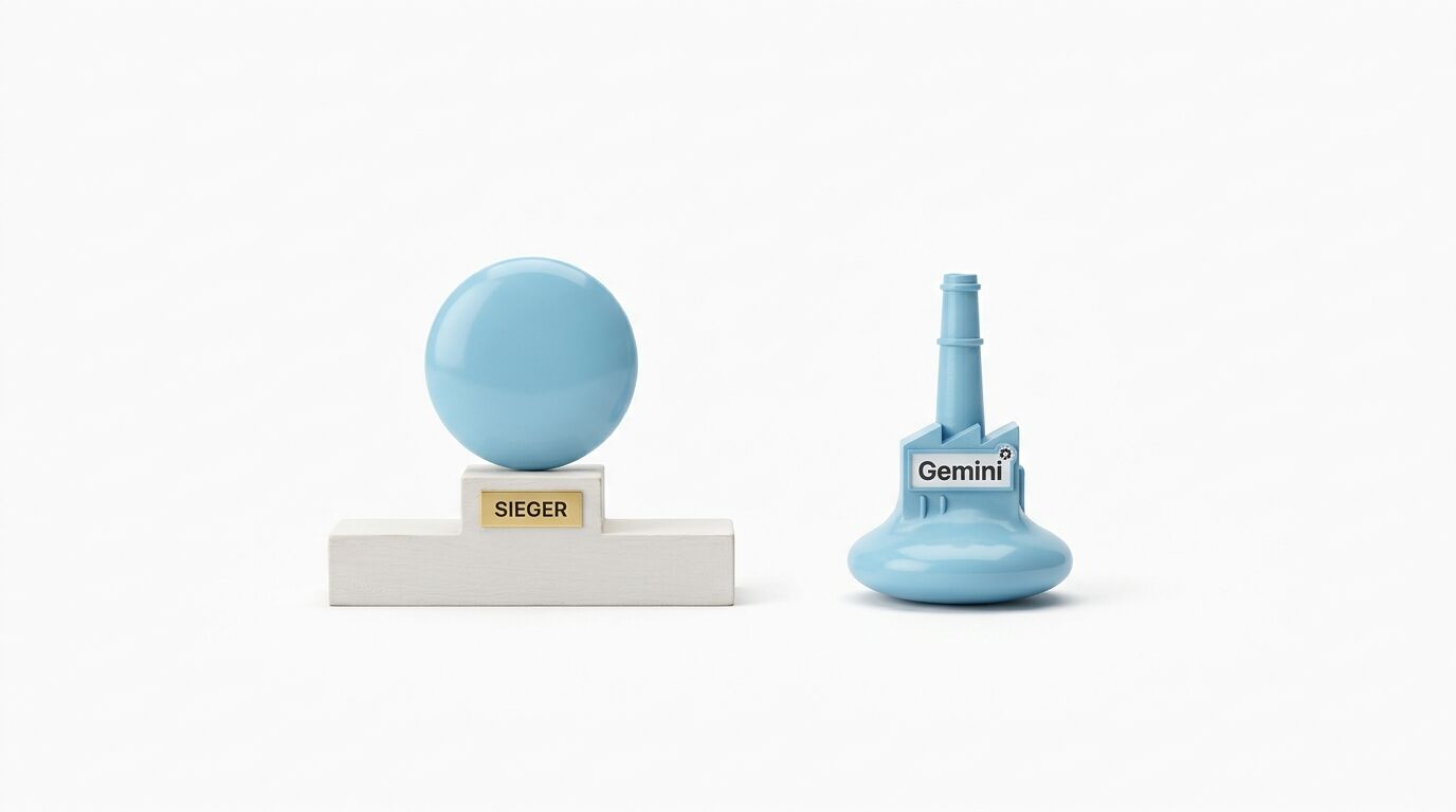 Blauer Ball auf Sockel mit „SIEGER“-Schild neben blauer Fabrikfigur mit „Gemini“-Aufdruck