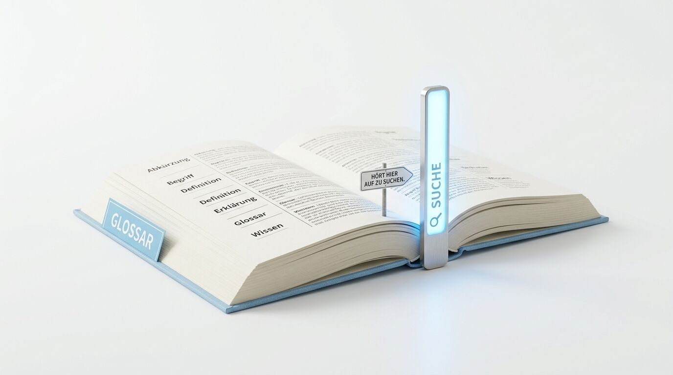 Ein offenes Buch, ein Schild und eine leuchtende Stele mit Such-Symbol auf weißem Grund