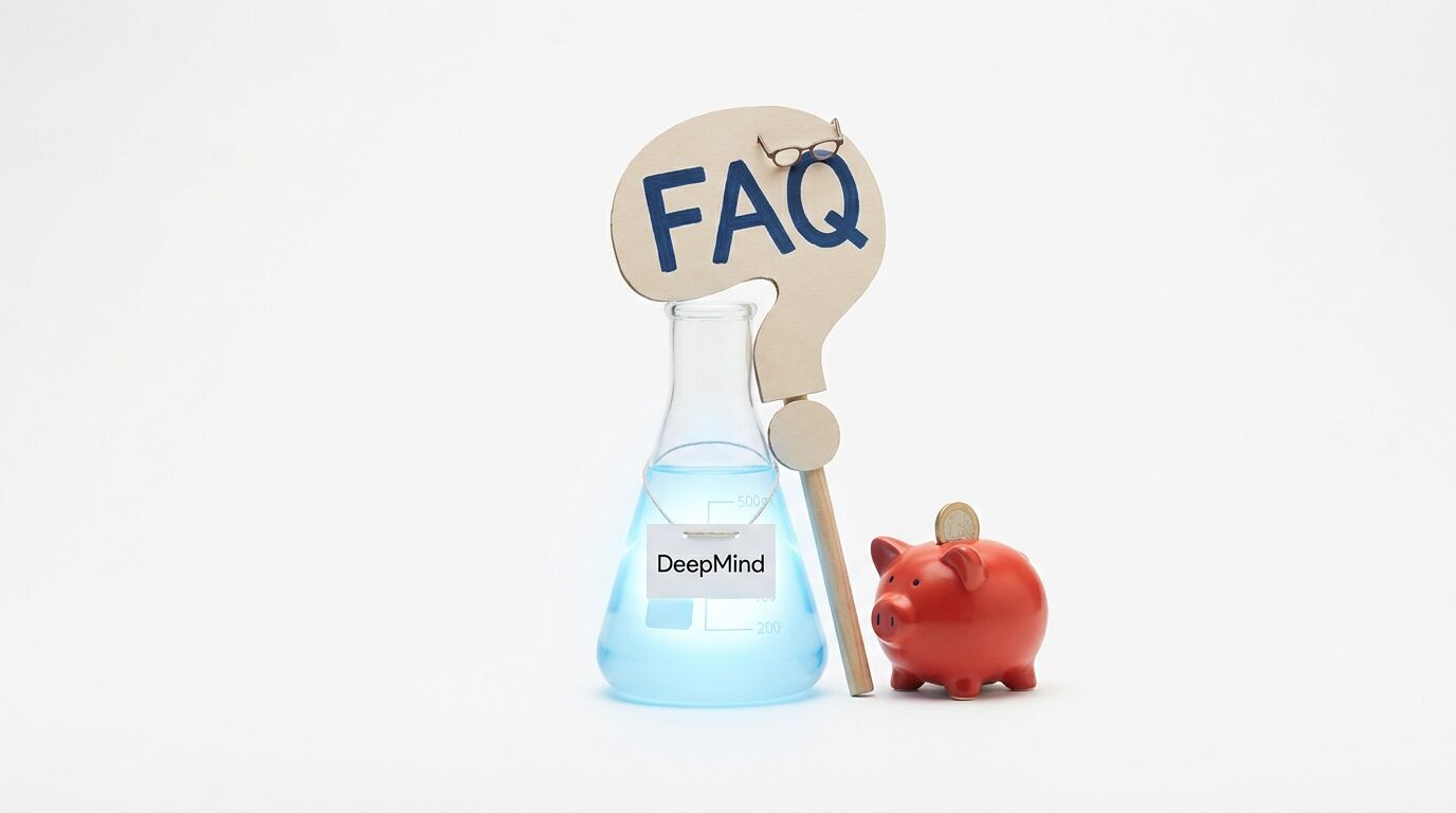 Erlenmeyerkolben mit blauer Flüssigkeit und DeepMind-Schild neben rotem Sparschwein und FAQ-Schild