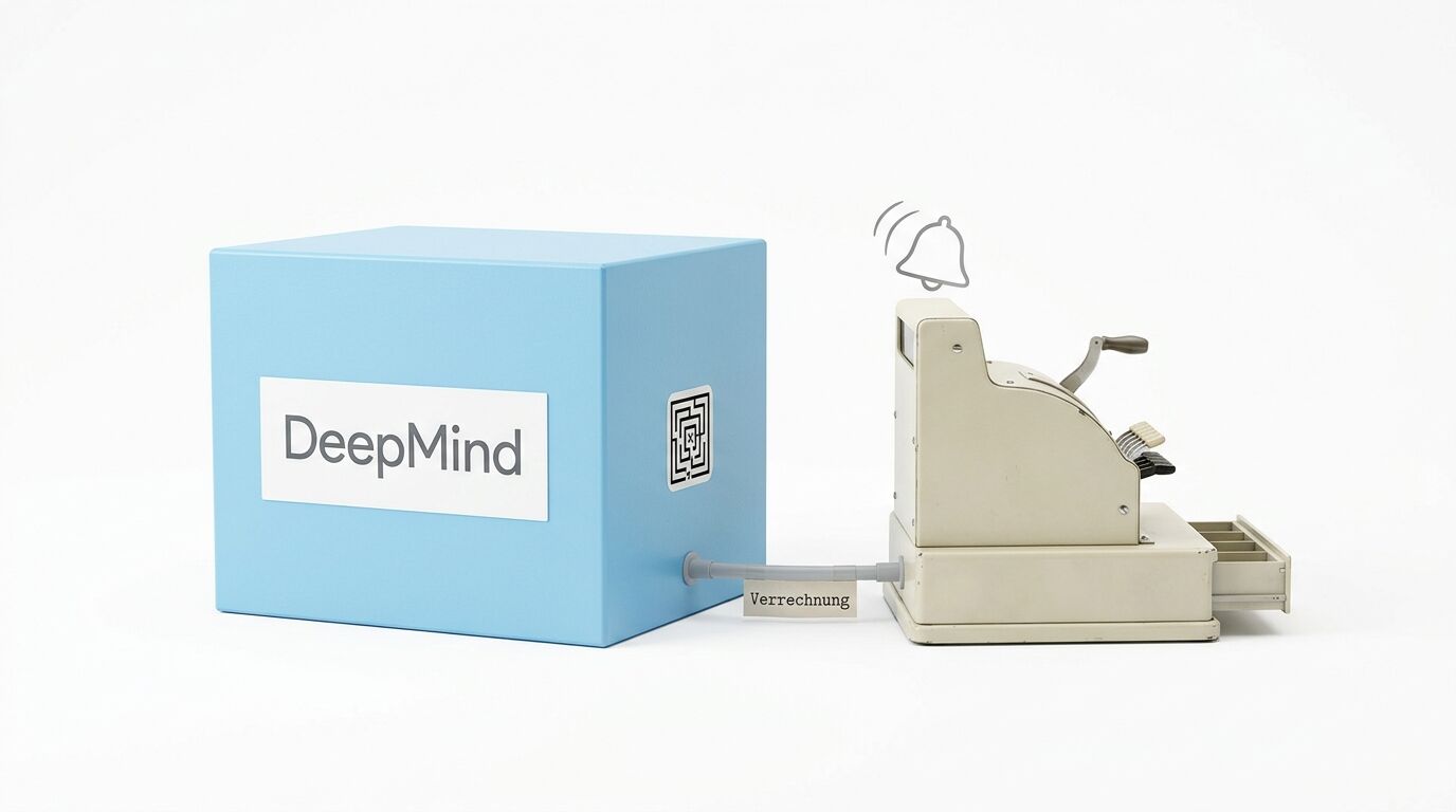 DeepMind-Box und Registrierkasse verbunden mit Kabel und Etikett „Verrechnung“