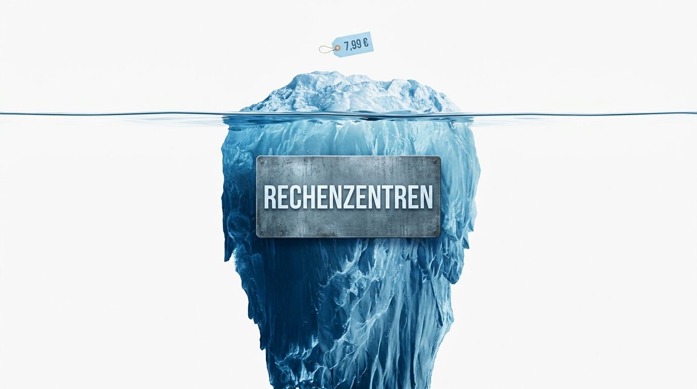 Ein Eisberg mit 7,99 €-Schild zeigt unter Wasser die Aufschrift RECHENZENTREN auf einer Tafel
