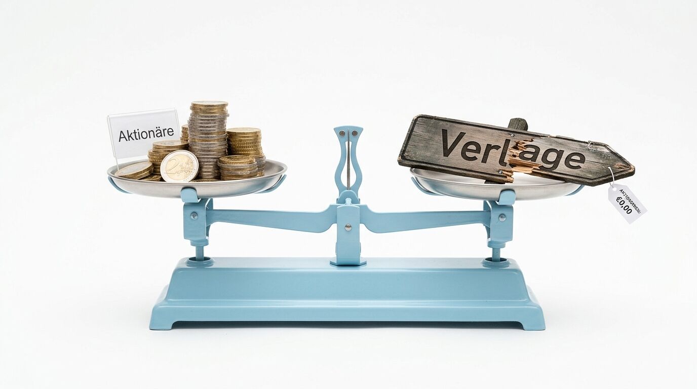 Waage vergleicht Euro-Münzen („Aktionäre“) mit Holzwegweiser („Verlage“), beides wiegt gleich viel