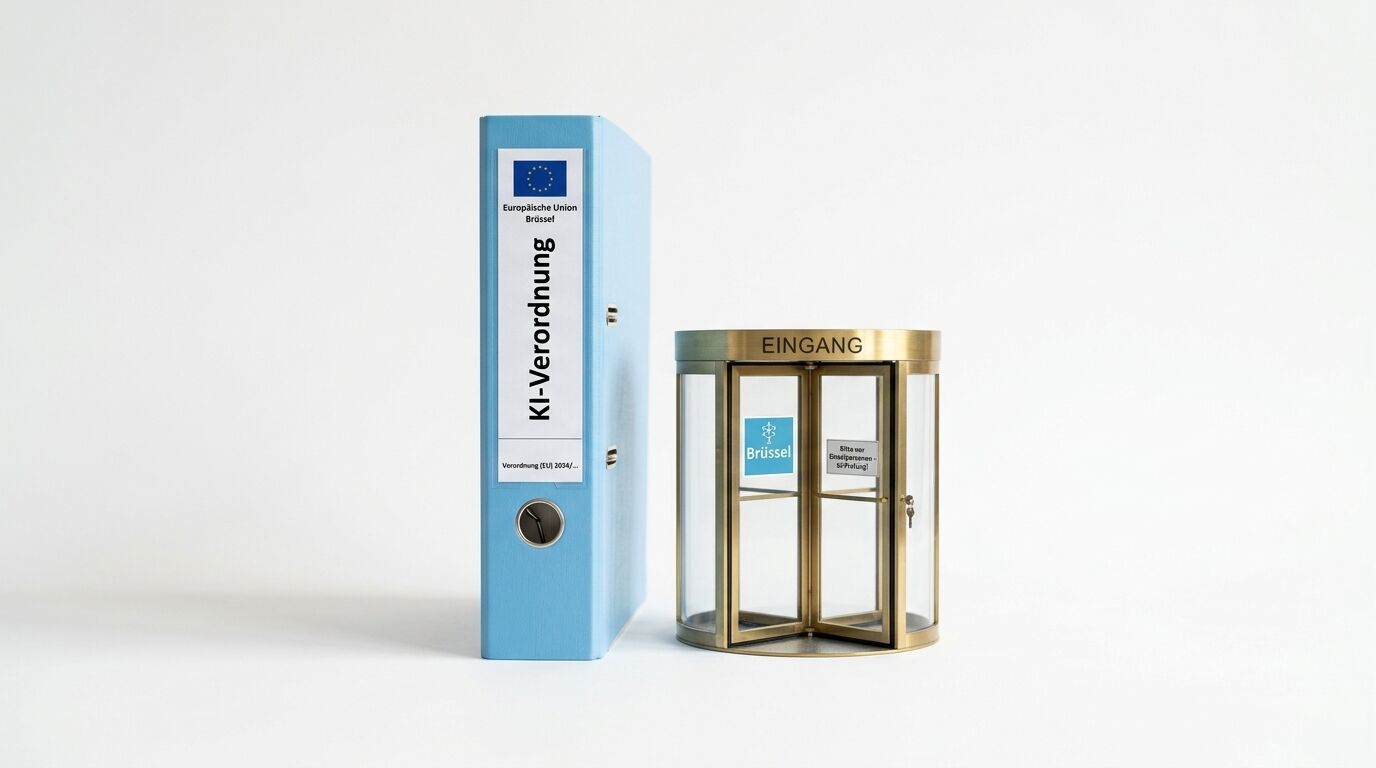 Ein blauer Ordner mit Aufschrift „KI-Verordnung“ neben einem Modell einer Drehtür