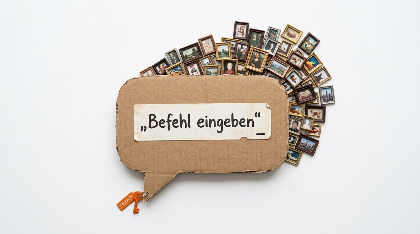 Karton-Sprechblase mit Text und kleinen Bildern davor auf weißem Grund
