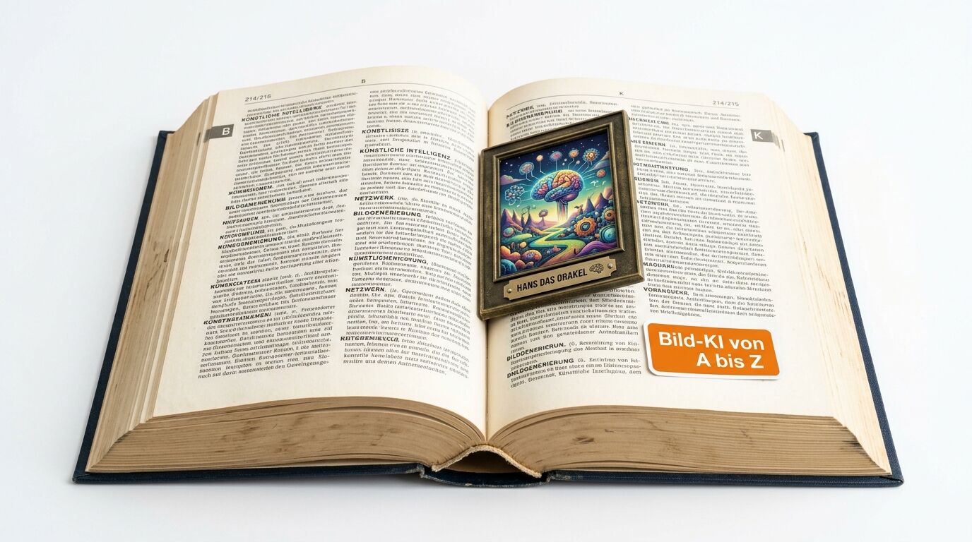 Ein aufgeschlagenes Buch mit einem kleinen Gemälde und der Aufschrift