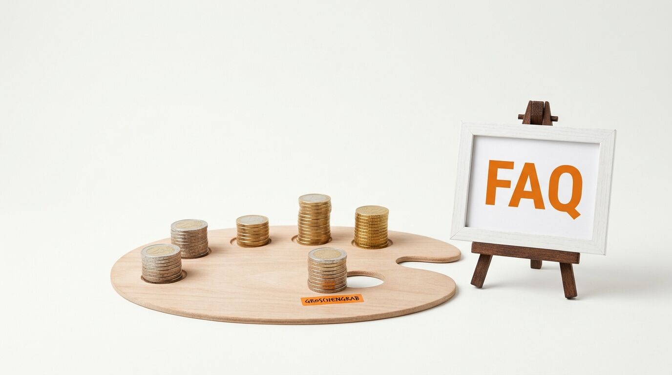 Malerpalette mit Euro-Münzen, „GROSCHENGRAB“-Schild und eine Staffelei mit „FAQ“ daneben