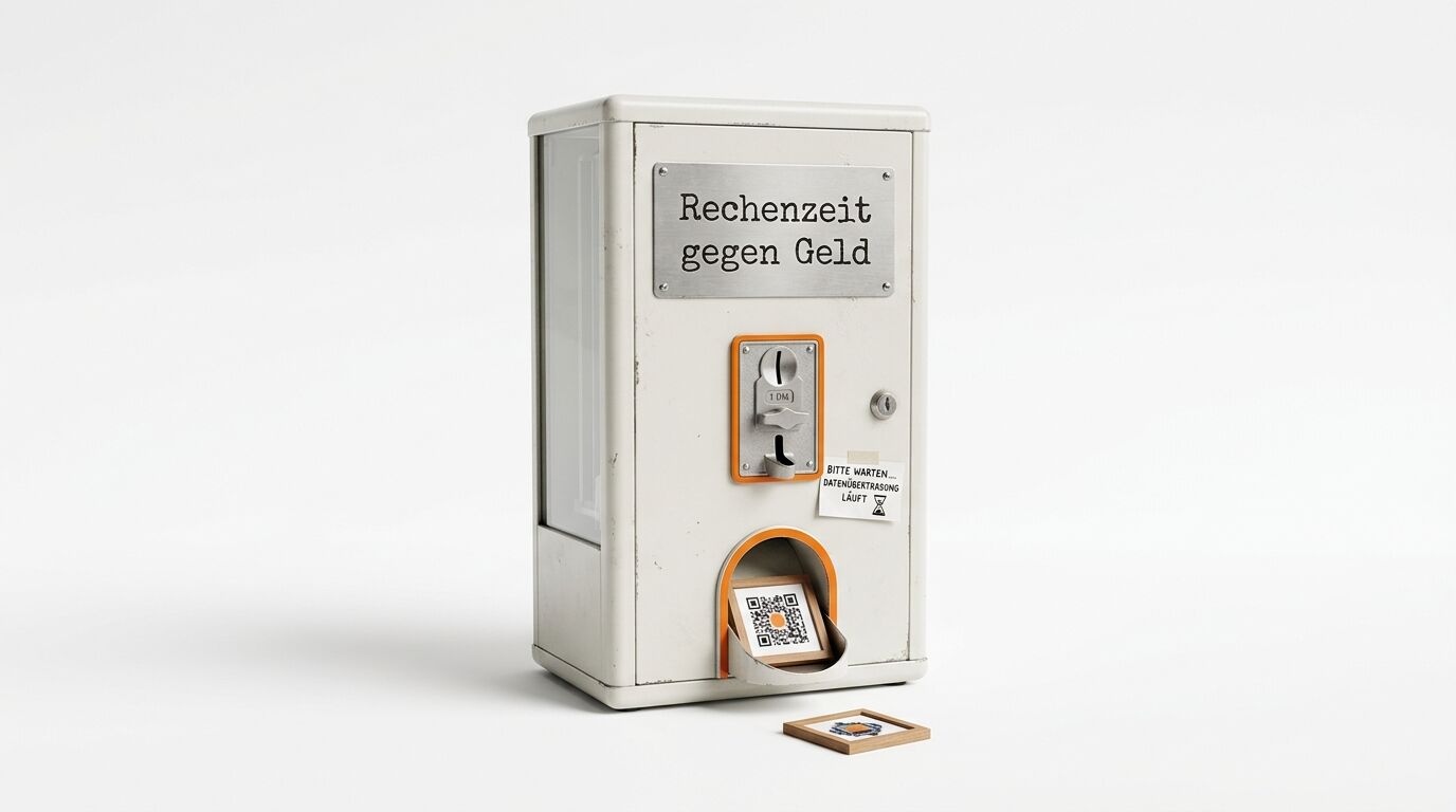Alter Automat, Aufschrift „Rechenzeit gegen Geld“, Münzeinwurf „1 DM“, QR-Code und Zettel