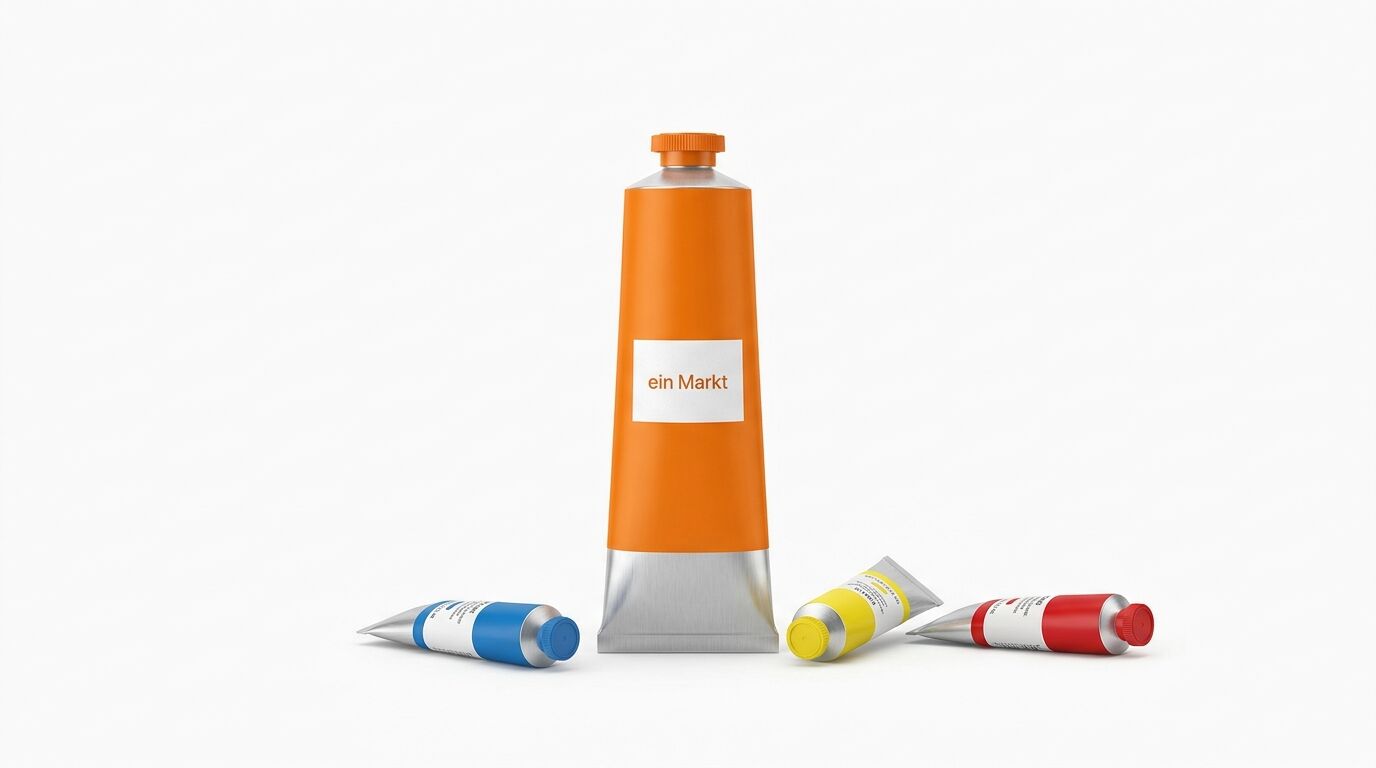 Vier Farbtuben, stehende orange mit Aufschrift „ein Markt“, blaue, gelbe und rote liegend
