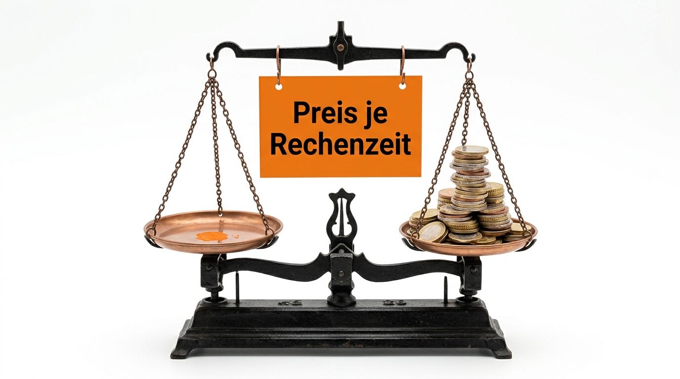Ganze Waage mit Münzen und Textschild „Preis je Rechenzeit“ vor weißem Hintergrund