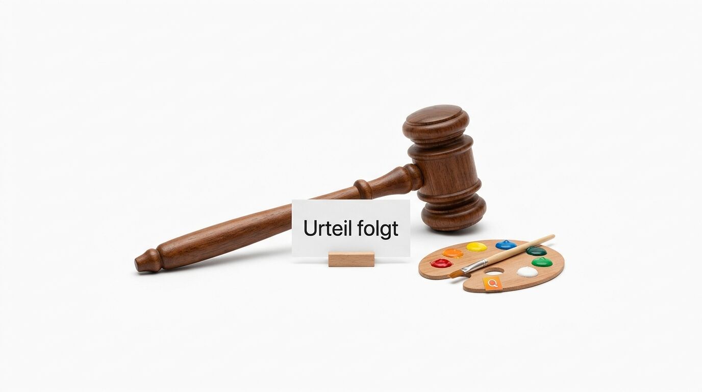 Richterhammer, Farbpalette, Pinsel und Karte „Urteil folgt“ auf Weiß