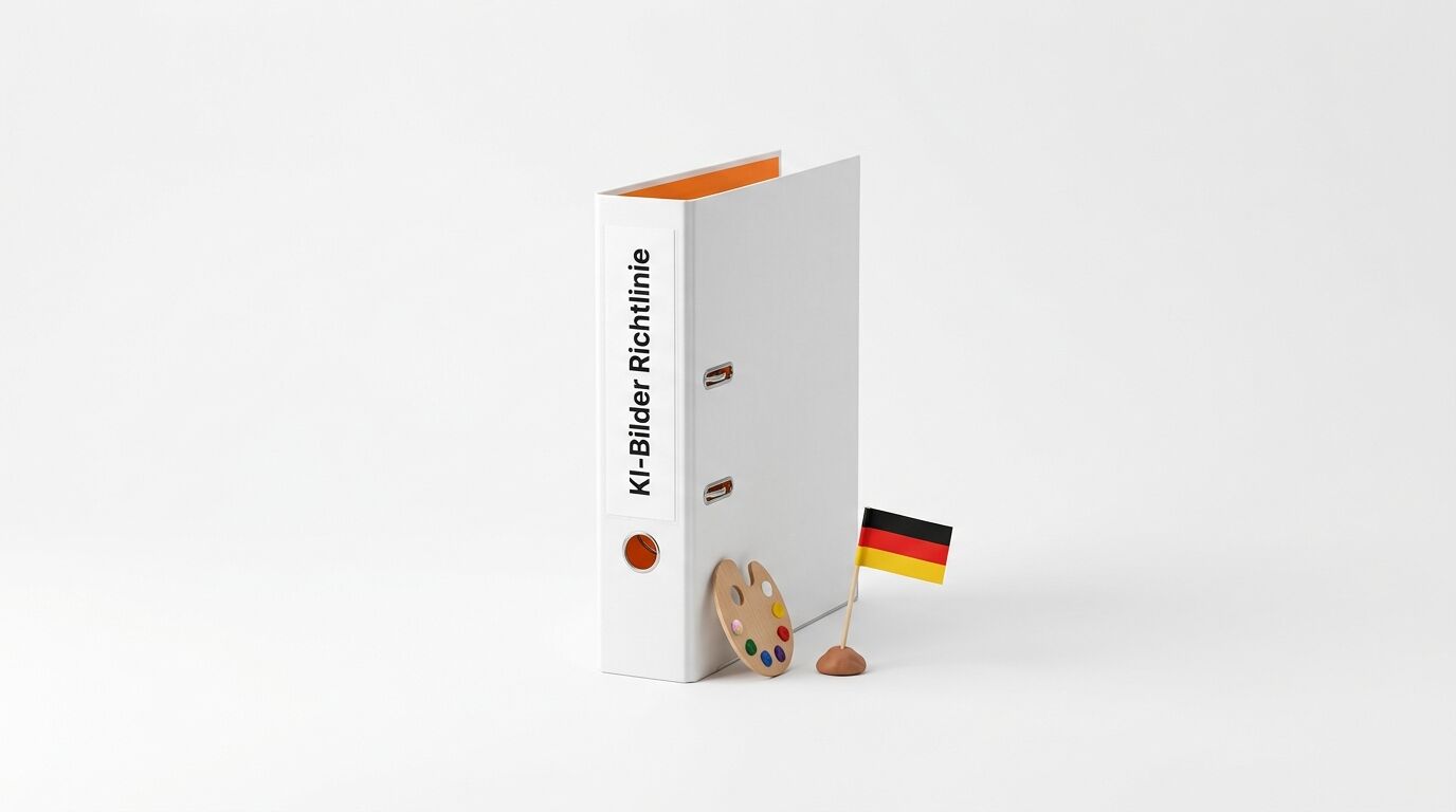 Weißer Ordner mit Aufschrift „KI-Bilder Richtlinie“, Farbpalette und deutscher Flagge