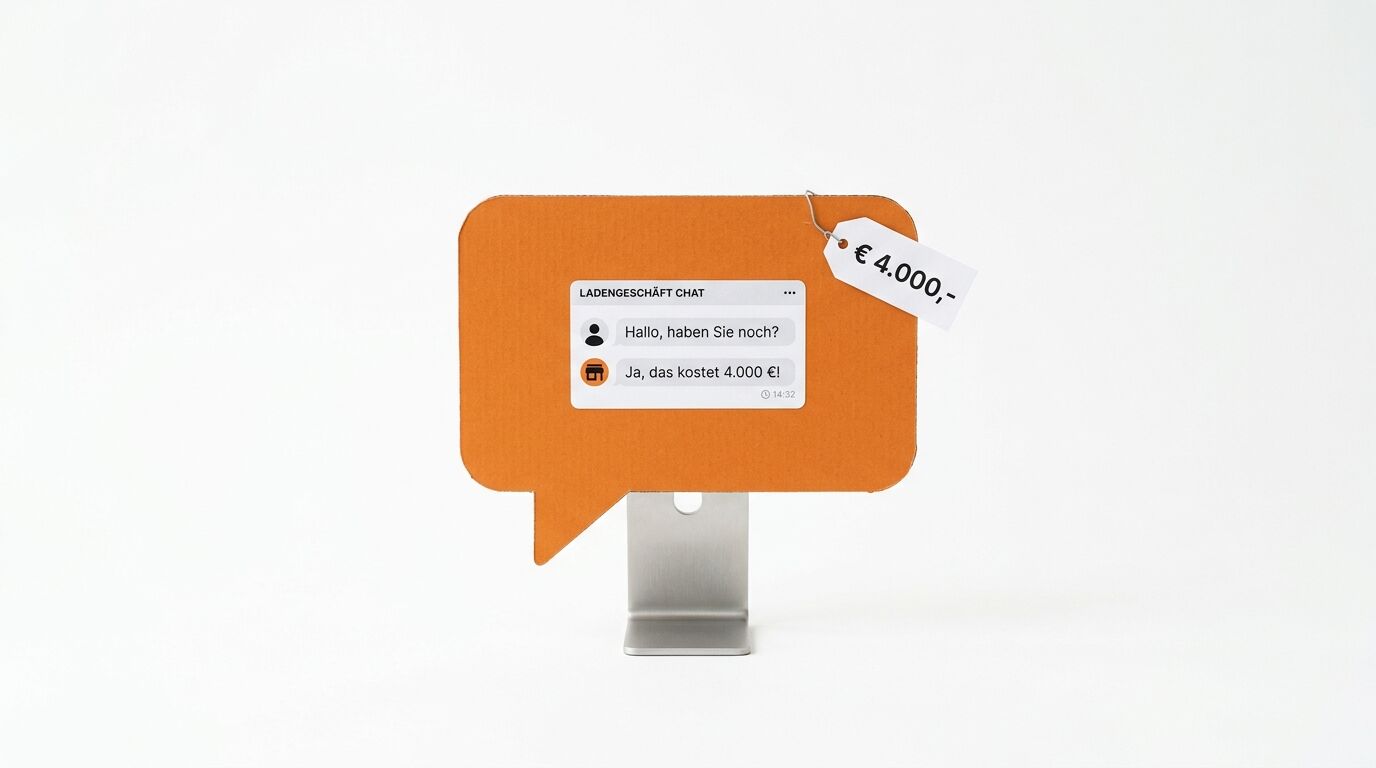 Oranges Sprechblasen-Display mit Chatverlauf und Preisschild auf weißem Hintergrund