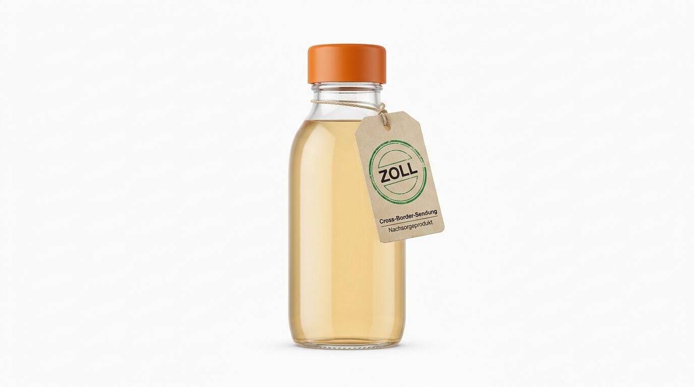 Glasflasche mit orangefarbenem Verschluss, gelbliche Flüssigkeit und Anhänger mit „Zoll“-Aufdruck