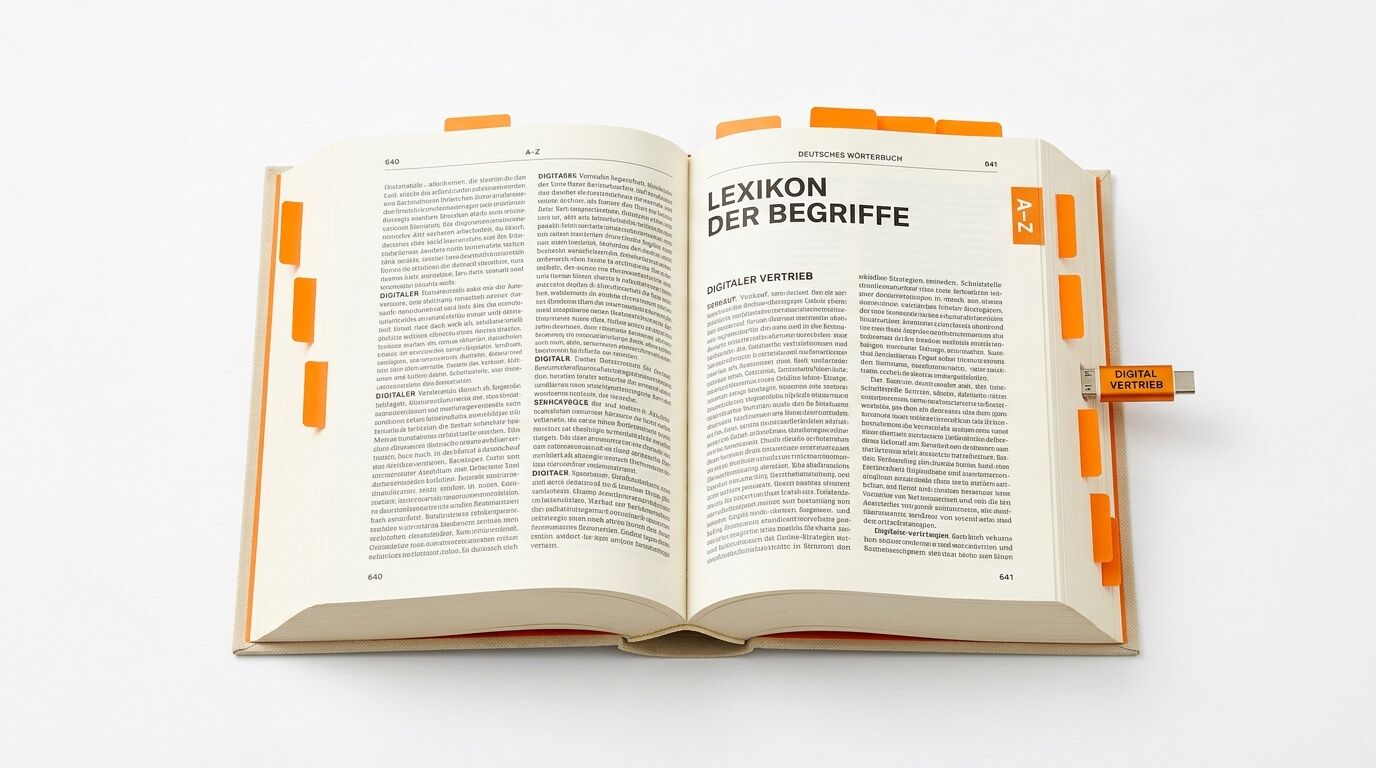 Aufgeschlagenes deutsches Wörterbuch mit orangefarbenem Register und Lesezeichen
