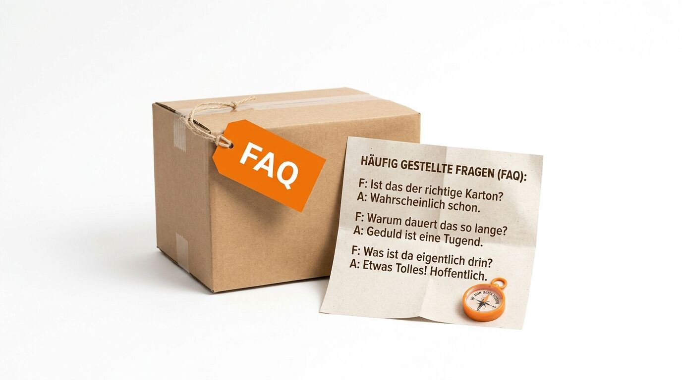 Karton mit FAQ-Anhänger, gefaltetem Brief und kleinem Kompass vor weißem Hintergrund