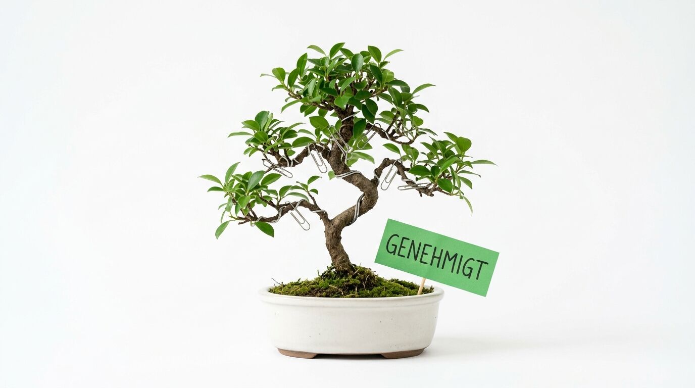 Bonsai in weißer Schale vor weißem Grund mit Büroklammern an Ästen und Schild „GENEHMIGT“