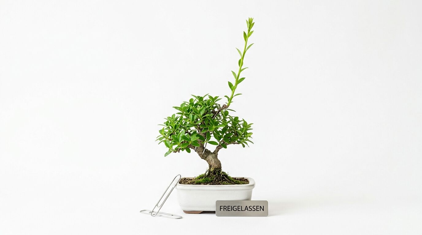 Bonsai-Baum im weißen Topf mit einer Büroklammer und einem Schild „FREIGELASSEN“ daneben