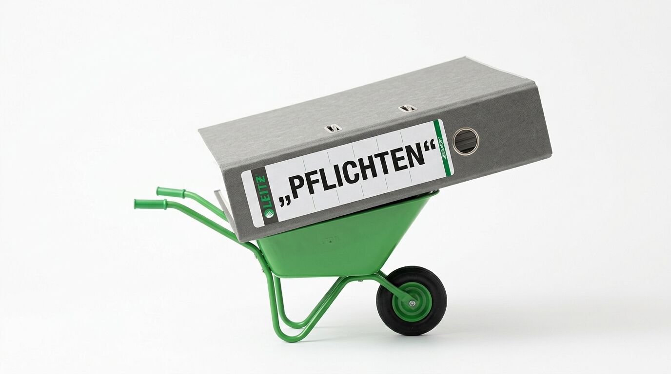 Grüne Schubkarre transportiert grauen Leitz-Ordner mit Aufschrift „PFLICHTEN“ vor weißem Hintergrund