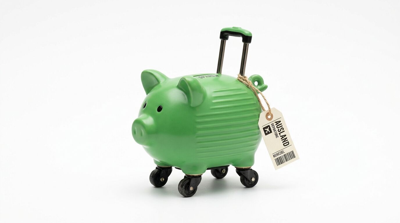 Grünes Sparschwein in Form eines Rollkoffers mit einem Kofferanhänger vor weißem Hintergrund