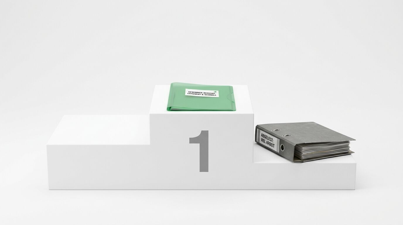 Ein grüner Schnellhefter liegt auf Platz 1 und ein grauer Ordner auf Platz 3 eines Siegertreppchens