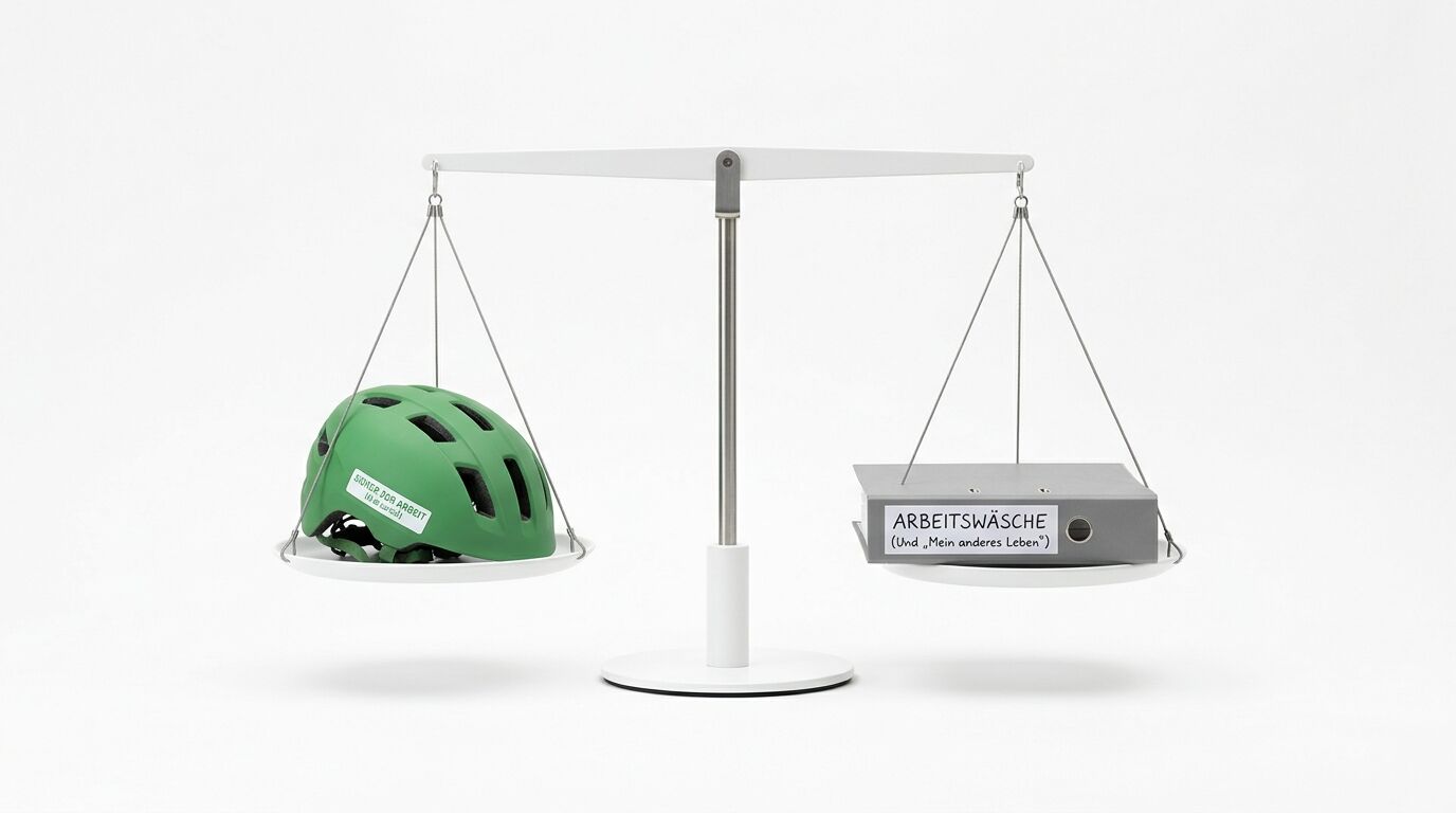 Hebelwaage mit Helm links und beschriftetem Aktenordner rechts, im Gleichgewicht