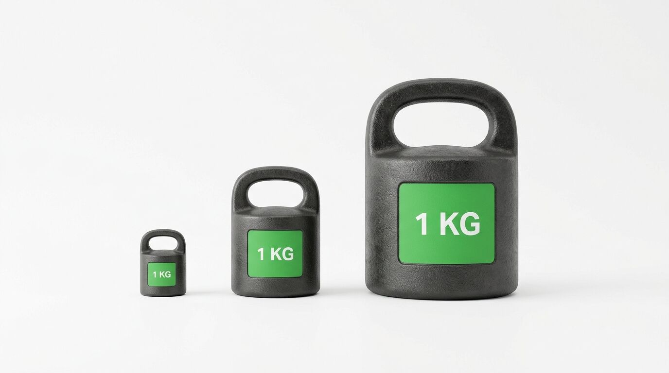 Drei schwarze Gewichte mit grünem Aufkleber „1 KG“ in aufsteigender Größe