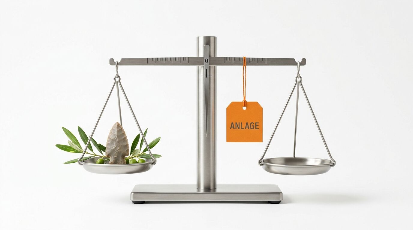 Waage mit Olivenzweig/Stein und leerer Schale; oranges Schild mit Text „ANLAGE“