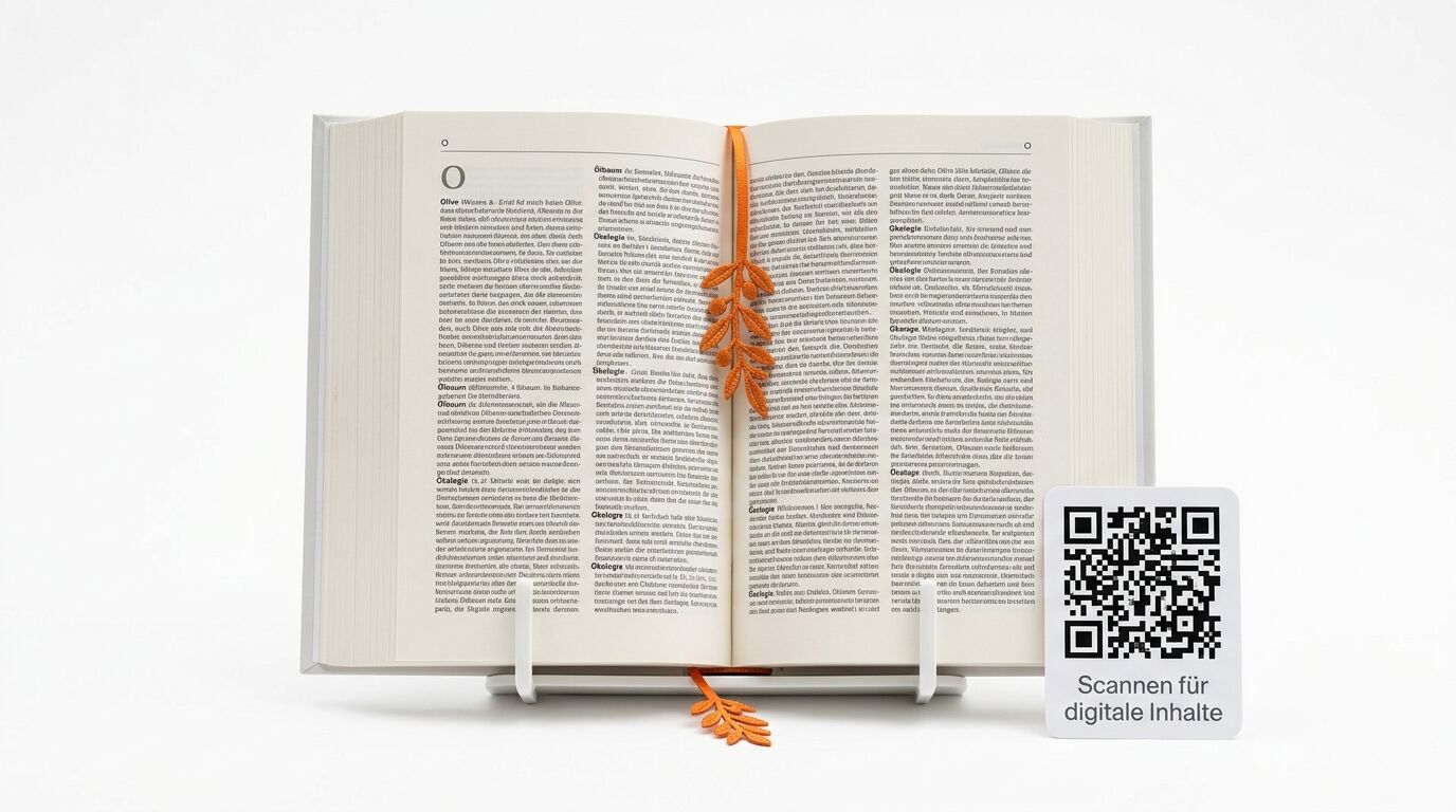 Buch, geöffnet mit Text, farbigen Bändern und einem QR-Code auf weißem Hintergrund