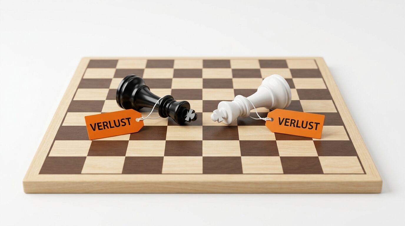 Schachbrett mit liegendem schwarzem und weißem König, beide mit orangen