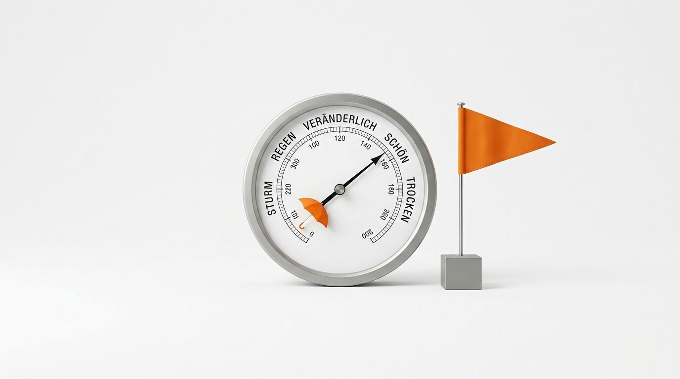 Ein Barometer zeigt „Trocken“ an, daneben eine orangefarbene Wimpelfahne auf weißem Grund