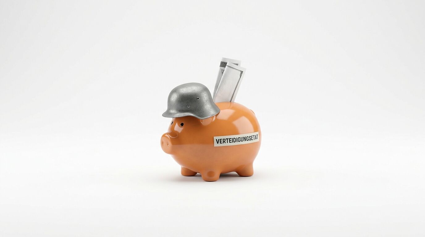 Sparschwein mit Helm und Geldscheinen vor weißem Hintergrund, Aufschrift „VERTEIDIGUNGSETAT“