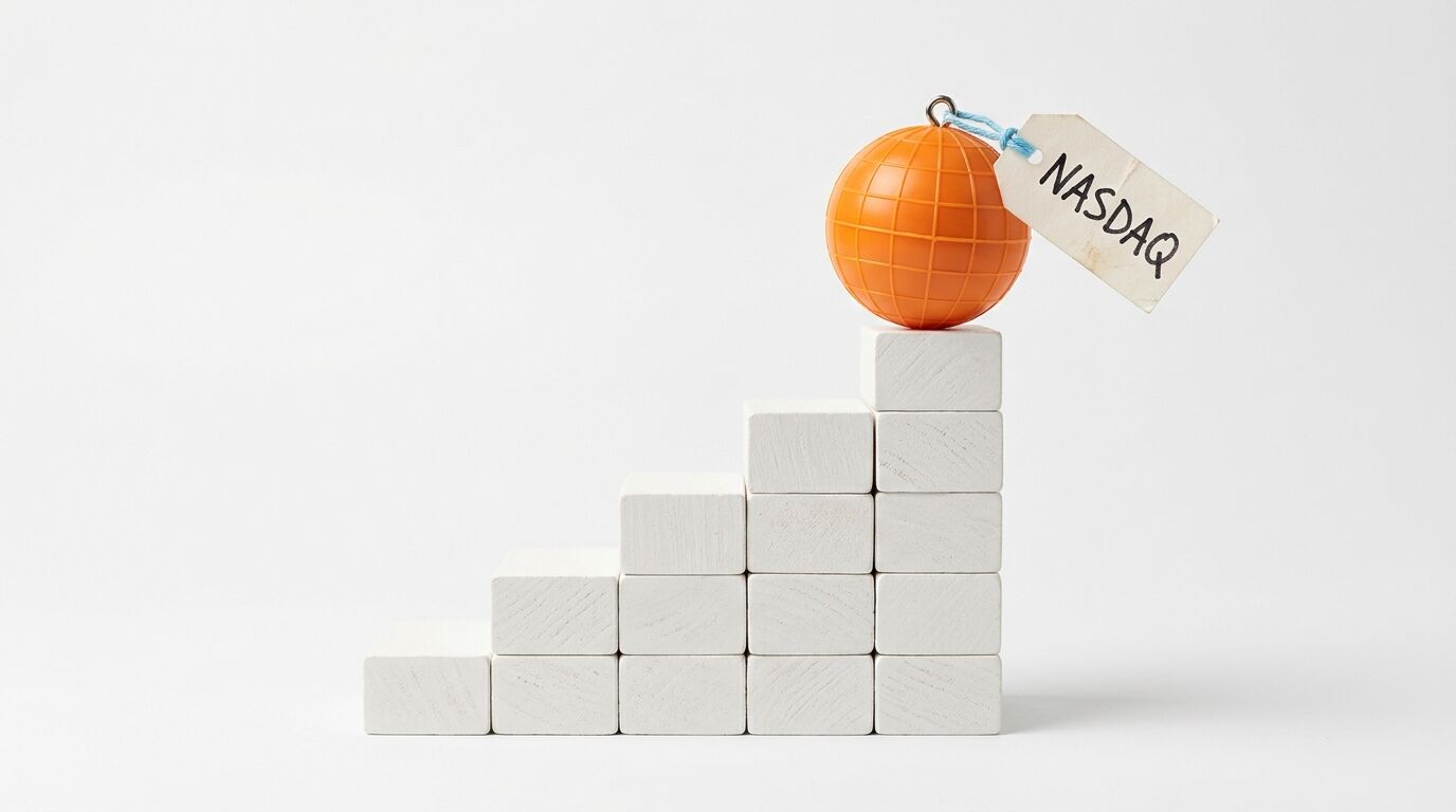 Orangener Globus mit NASDAQ-Anhänger oben auf einer weißen Holzklötzchen-Treppe