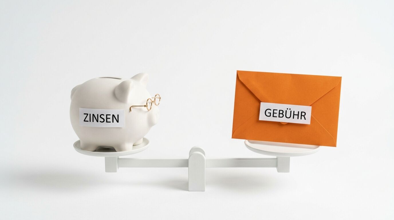 Waage mit Sparschwein (Zinsen) und Umschlag (Gebühr) auf weißem Hintergrund im Gleichgewicht
