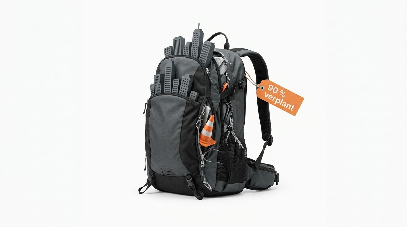 Rucksack mit Skyline-Modell, Pylone und „90 % verplant“-Schild auf weißem Hintergrund