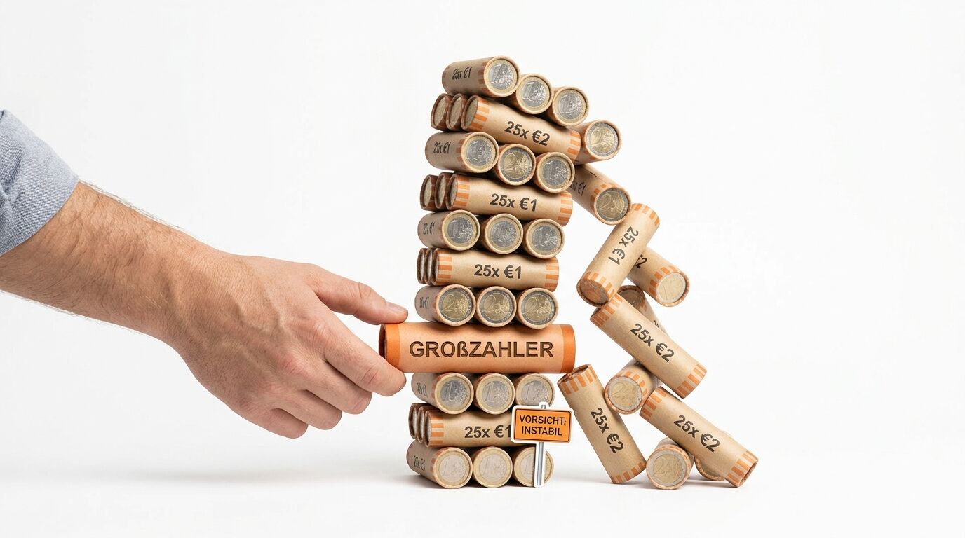 Eine Hand entfernt eine Münzrolle aus einem einstürzenden Stapel von Euromünzrollen