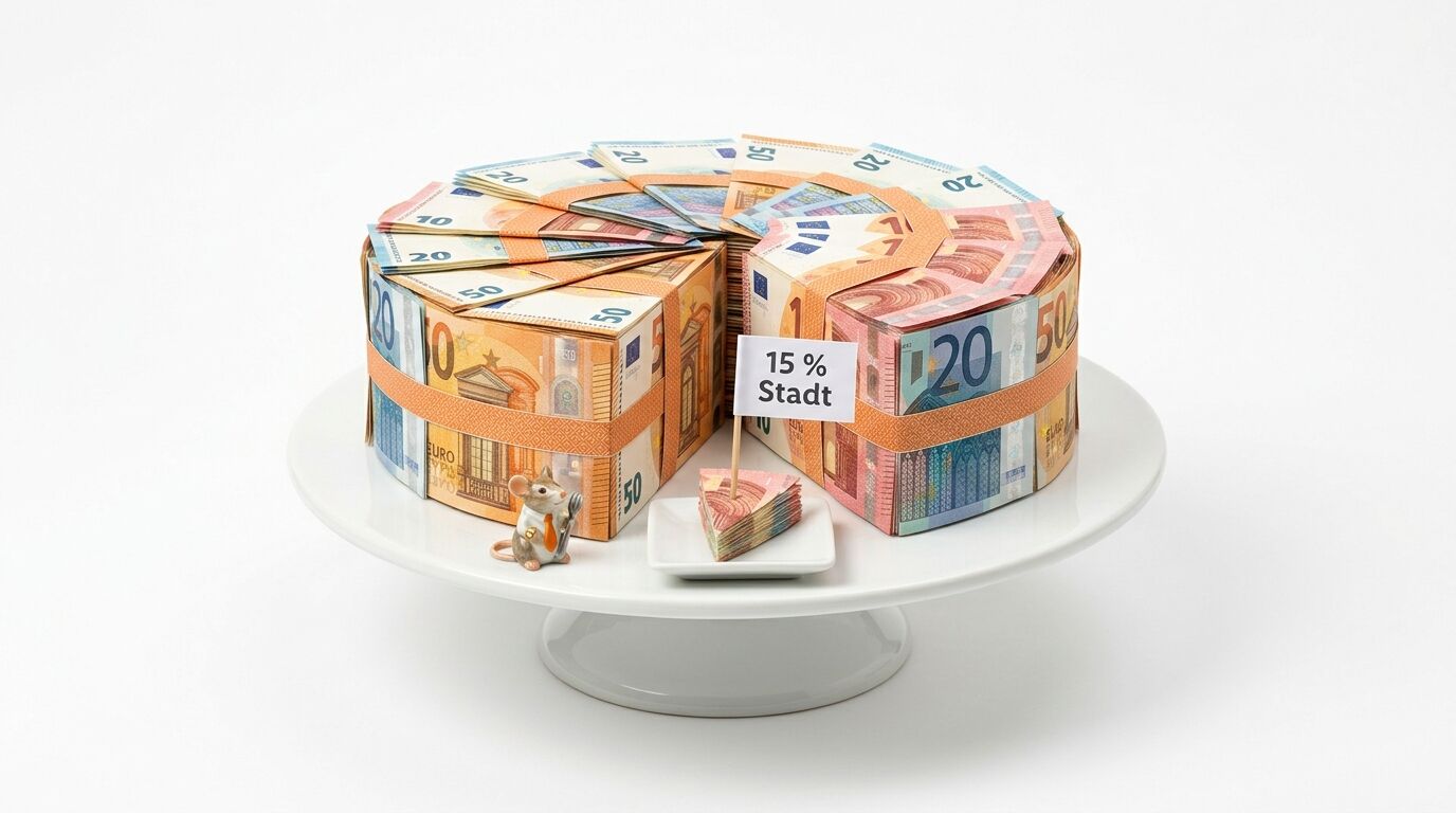 Torte aus Geldscheinen, kleine Figur einer Maus davor, weißer Hintergrund