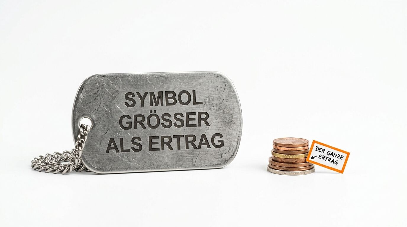 Dogtag-Kette mit Inschrift neben einem kleinen Stapel Münzen und einem orangefarbenen Schild