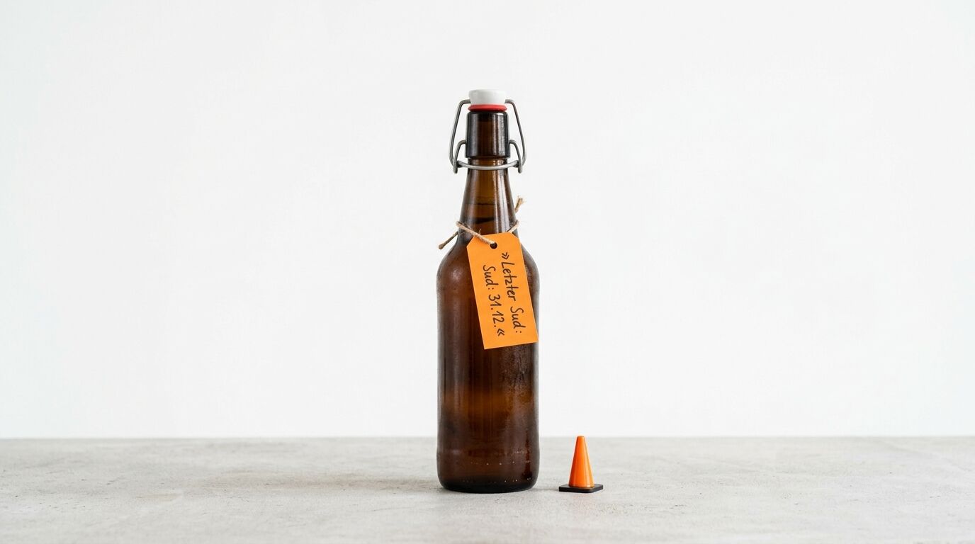 Bierflasche mit Anhänger und kleinem Leitkegel