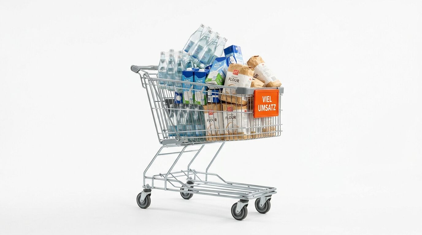 Einkaufswagen mit Wasserflaschen, Mehlpackungen und rotem Schild