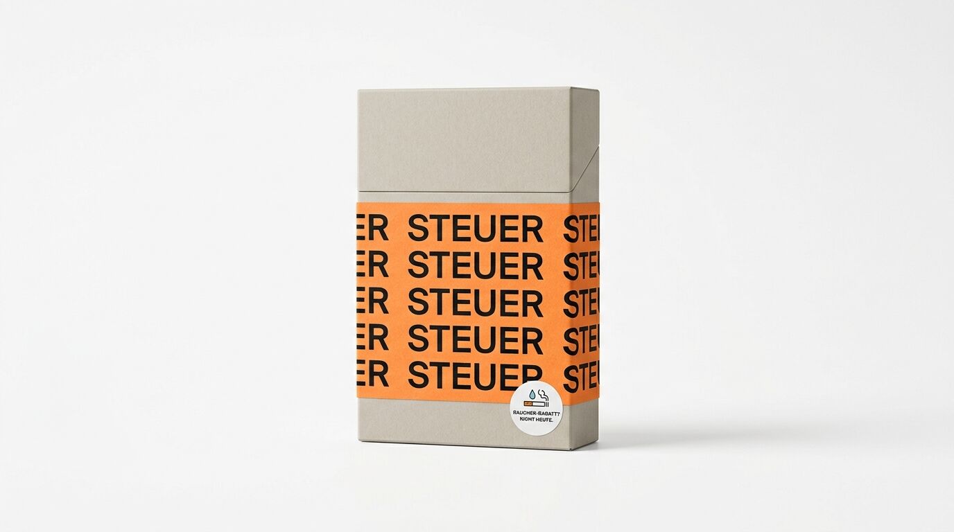 Grauer Zigarettenkarton mit orangefarbener Banderole und Aufdruck „STEUER“