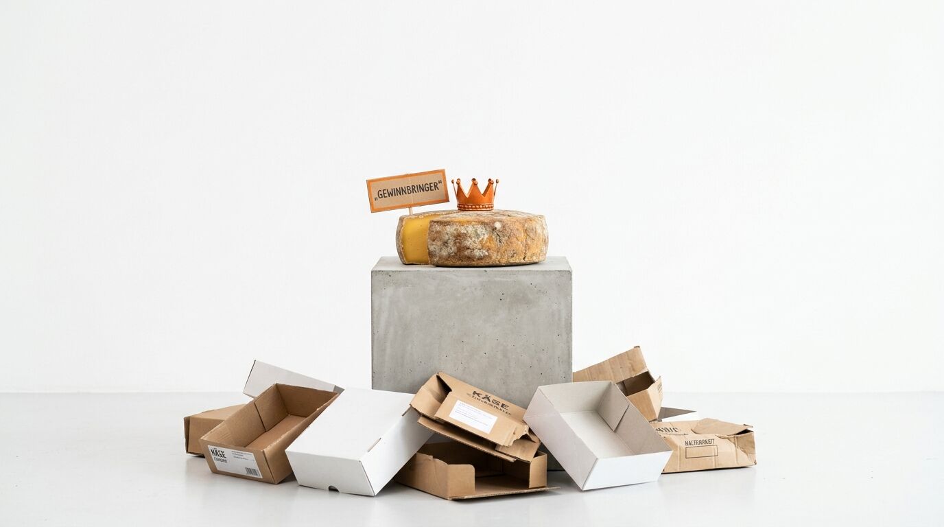 Käselaib mit Krone und Schild „Gewinnbringer“ auf Betonsockel vor Pappschachteln