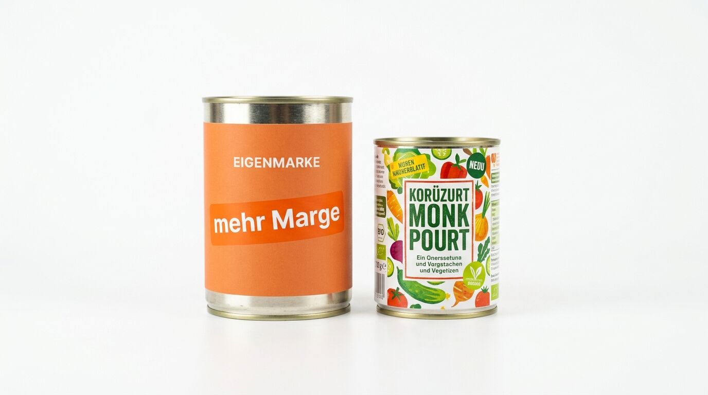 Zwei Dosen, eine groß mit „mehr Marge“, eine klein mit Gemüse und „MONK POURT“