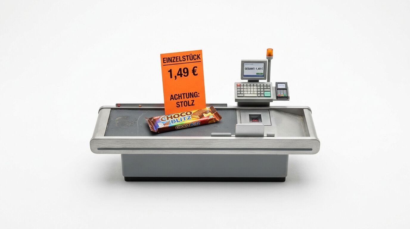 Modell einer Supermarktkasse mit Schokoriegel und Preisschild auf weißem Grund