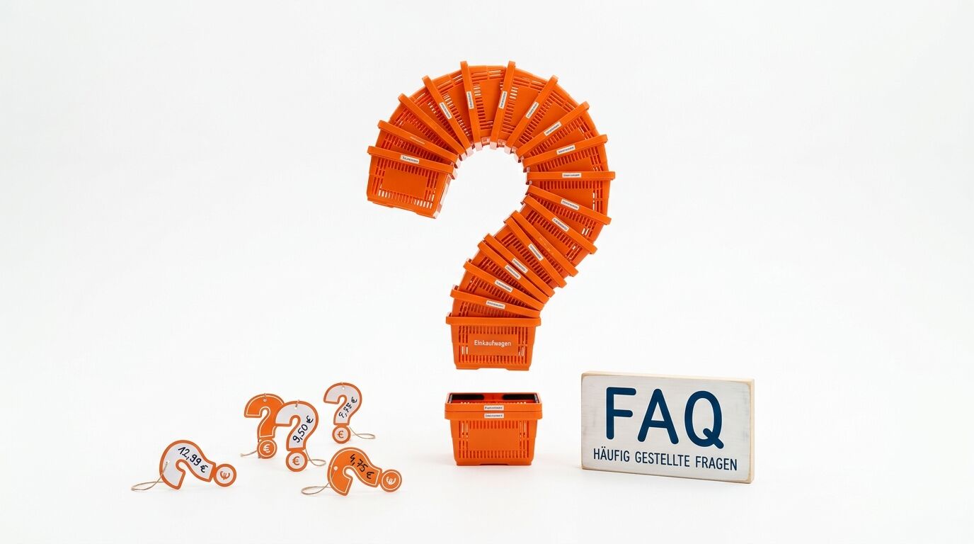Fragezeichen aus Körben, FAQ-Schild und Preisschilder auf weißem Grund