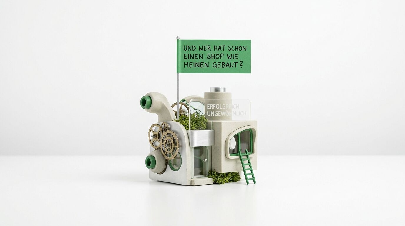 Futuristische Miniaturarchitektur mit Zahnrädern, Rohren und grünen Akzenten. Ein grünes Schild fragt auf Deutsch nach einem Shop wie dem Gebäude
