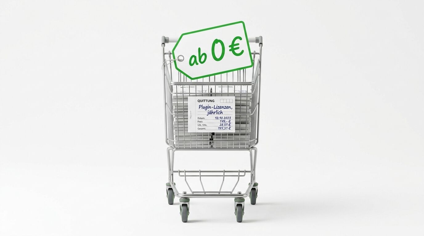 Ein Einkaufswagen von oben mit grünem Preisschild "ab 0€" und einer Quittung für Plugin-Lizenzen vom 12.10.2023
