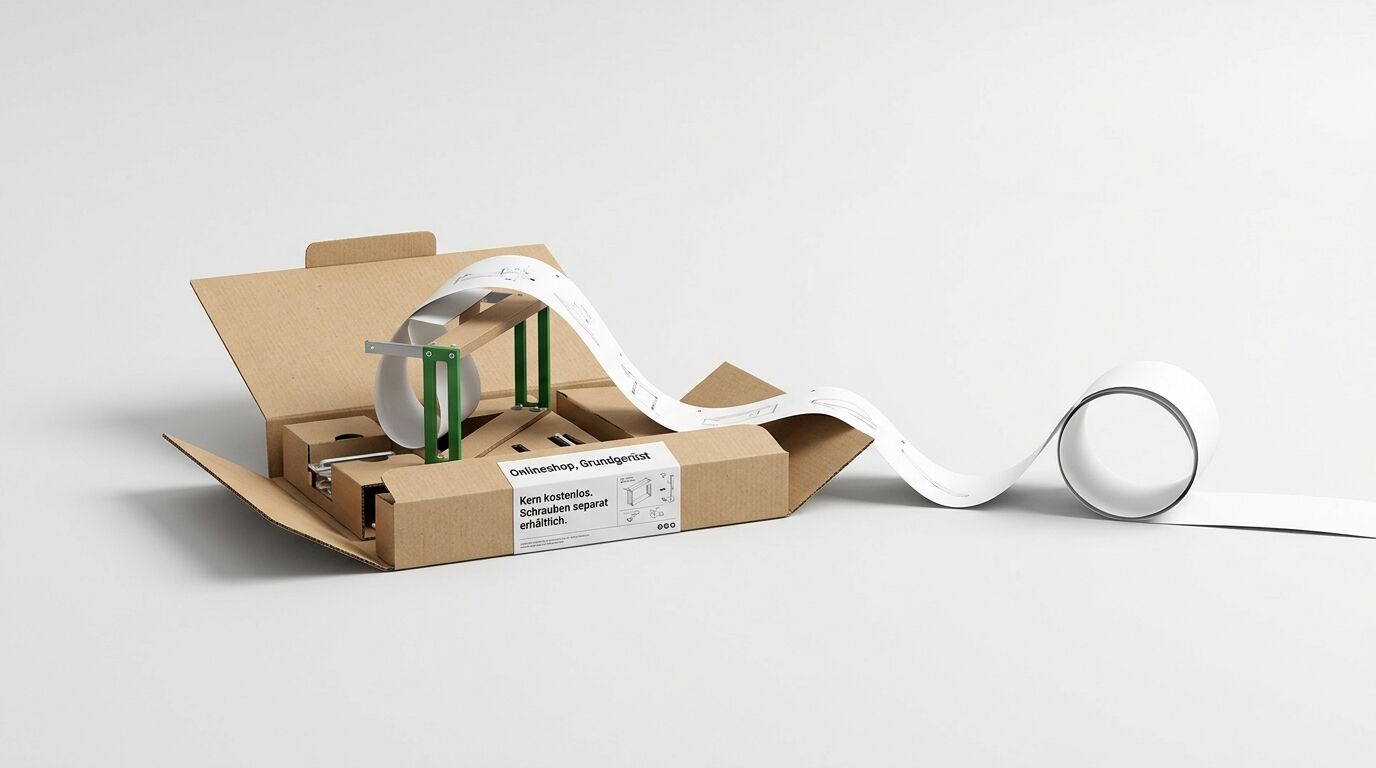 Paketbox aus Karton mit integriertem Klebebandabroller, grünen Metallrollen und weißem Klebeband auf grauem Hintergrund