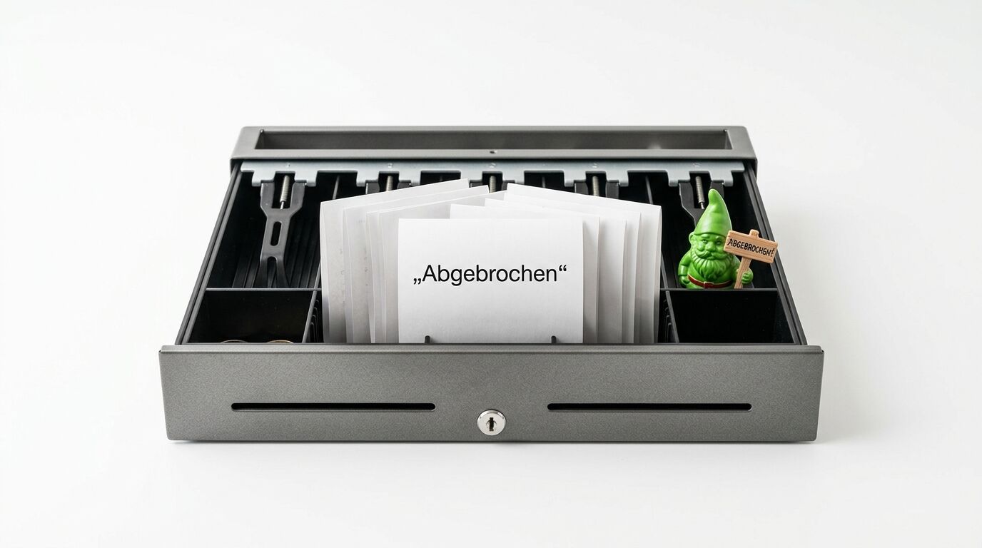 Eine offene Registrierkasse mit Kartenfächern, auf denen Belege mit "Abgebrochen" beschriftet sind und eine grüne Gartenzwerg-Figur steht